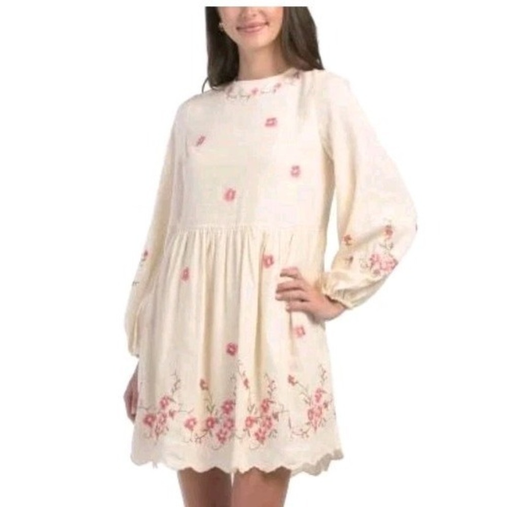 NWT Caroline Constas Pink Floral Embroidery Babydoll Dress Cream Sezane vibes S